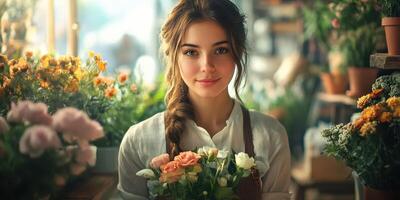 Young woman joyfully arranges fresh flowers in a vibrant floral shop full of colorful blooms during daylight hours photo