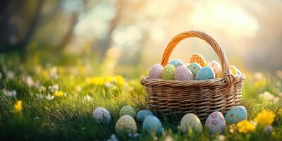 Colorful Easter eggs in a wicker basket surrounded by spring flowers in a sunny garden setting photo