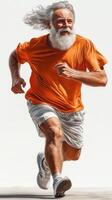 Older man running fast in bright orange shirt and white shorts on a sunny day photo