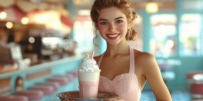 Serving a delicious milkshake in a retro diner during a sunny afternoon in a vibrant setting photo