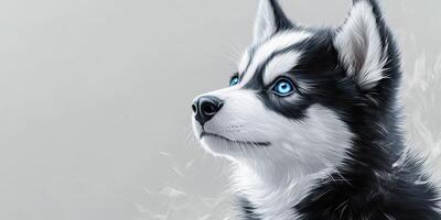 Siberian husky with striking blue eyes gazes pensively against a soft, neutral background photo