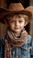 Young cowboy poses with a charming smile in outdoor setting wearing a hat and scarf during golden hour photo