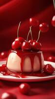 Delicious dessert with glossy cherry topping on a vibrant red fabric backdrop photo