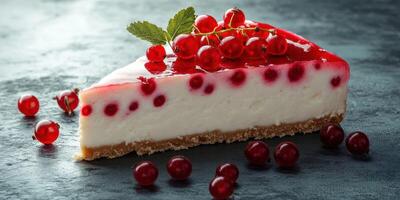 Slice of creamy cheesecake topped with red currants on a dark stone surface photo