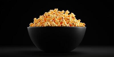 Freshly popped popcorn in a black bowl against a dark background ready for a movie night photo