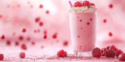 Delicious raspberry milkshake topped with whipped cream and sprinkles against a vibrant pink background photo