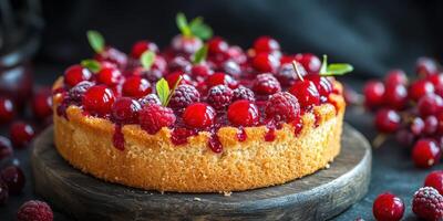 Delicious raspberry tart with a golden crust and vibrant red berries on a rustic wooden board photo