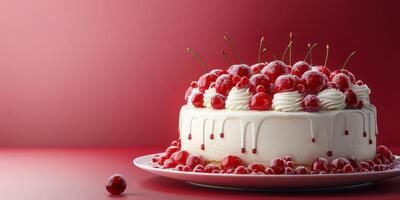 Beautifully decorated cake topped with fresh cherries on a vibrant red background for a festive celebration photo