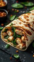 Delicious grilled chicken wrap with fresh spinach served on a rustic slate background at a casual dining setting photo