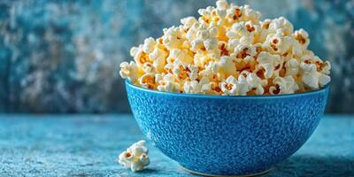 Delicious freshly popped popcorn in a vibrant blue bowl on a textured surface photo