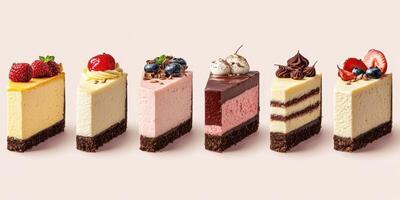 Various colorful cheesecake slices displayed on a light background at a dessert showcase event photo