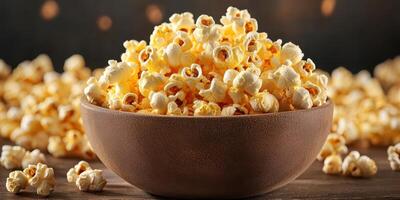 Delicious bowl of freshly popped popcorn surrounded by scattered kernels on a rustic wooden table photo