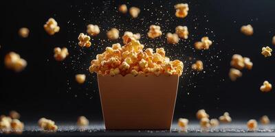 Popcorn bursts into the air from a brown container in a dark setting creating an exciting atmosphere photo