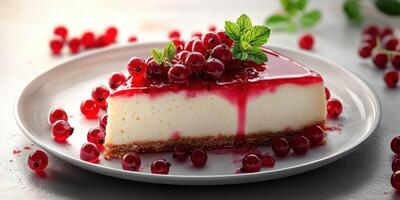 Delightful cheesecake topped with fresh red currants and vibrant berry sauce photo