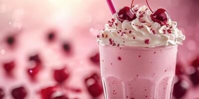 Delicious cherry milkshake topped with whipped cream and cherries served in a glass on a pink background photo