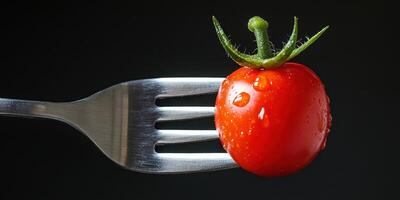 Fresh red tomato on a fork glistening with drops of water against a black background photo