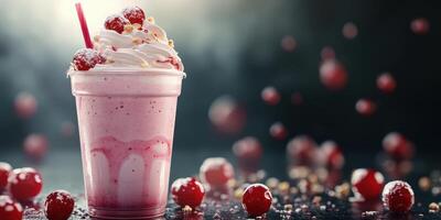 Creamy raspberry milkshake with whipped cream and cherries on a dark background photo