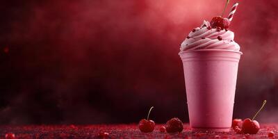 Creamy pink milkshake topped with cherries and whipped cream in a dark setting with a red hue photo