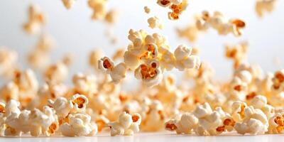 Popcorn kernels burst into the air, creating a dynamic display of fluffy snacks in a bright environment photo