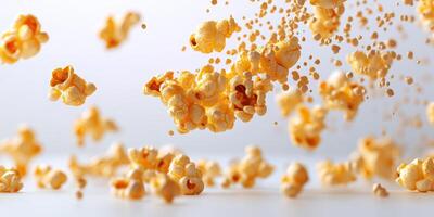 Popcorn kernels flying in the air, capturing movement and texture in a dynamic kitchen setting photo