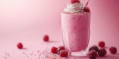 Refreshing raspberry milkshake topped with whipped cream and sprinkles in a cheerful pink setting photo