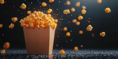 Popcorn is bursting out of a container in motion with dramatic lighting creating a fun and lively atmosphere photo