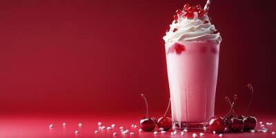 Refreshing cherry milkshake topped with whipped cream and cherries against a bold red background photo