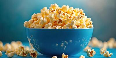 Bowl of freshly popped popcorn on a vibrant blue surface in a cozy setting photo