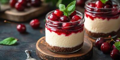 Delicious cherry cheesecake in jars with mint garnish on a rustic wooden background photo