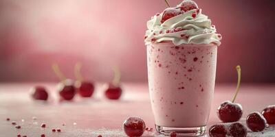 Refreshing cherry milkshake topped with whipped cream, garnished with cherries and sugar on a vibrant background photo