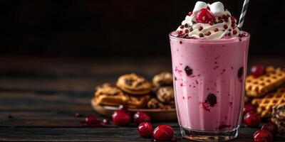 Refreshing dessert beverage with cherries and cookies on a rustic wooden table photo