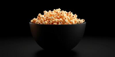 Freshly popped popcorn served in a black bowl against a dark background for movie night enjoyment photo