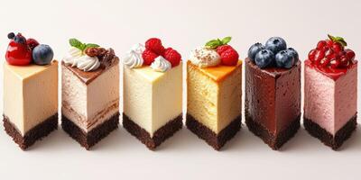 Assortment of decadent cheesecakes with fruit toppings arranged beautifully on a white surface photo