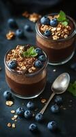 Delicious chocolate mousse topped with blueberries and granola served in glass cups photo