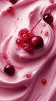 Creamy pink dessert topped with red cherries and berries looking delicious and inviting photo
