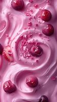 Delicious pink dessert swirl with fresh cherries and vibrant toppings ready to indulge in any sweet lover's cravings photo