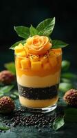 Beautiful mango dessert topped with a rose and fresh fruit arranged elegantly on a dark background photo