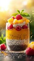 Mango and raspberry parfait topped with mint and chia seeds in sunset light photo
