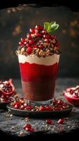 Dessert featuring layers of rich chocolate, creamy vanilla, and vibrant red pomegranate topped with crunchy granola photo