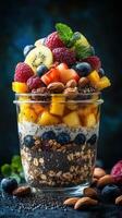 Colorful layered fruit parfait with nuts and seeds showcasing fresh ingredients in a glass jar photo
