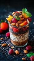 Delicious fruit and nut chia pudding served in a clear glass on a dark surface photo