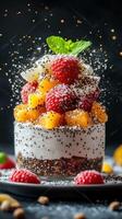 Delightful layered dessert featuring fresh fruits, creamy yogurt, and crunchy toppings with a sprinkle of coconut on a dark background photo