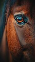 Close-up of a horse's eye capturing the details of its expressive gaze in natural light during the golden hour photo