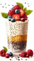 Delicious dessert with layers of yogurt, mango, and various berries displayed in a tall glass photo