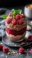 Delicious layered dessert featuring fresh raspberries and crunchy granola served in glassware on dark background photo