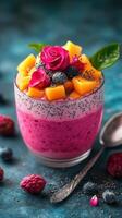 Colorful fruit parfait with mango, berries, and luscious rose details set on a vibrant blue textured surface photo