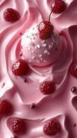 Delicious raspberry and cream dessert topped with a cherry and sweet garnishes photo