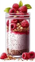 Delicious layered raspberry parfait with granola and yogurt in a glass jar photo