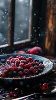 Freshly picked raspberries and blackberries on a decorative plate by a rain-soaked window in a cozy kitchen photo