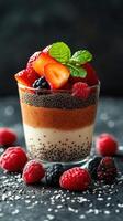 Delicious layered dessert with fruits and chia seeds arranged in a glass cup on a dark background photo